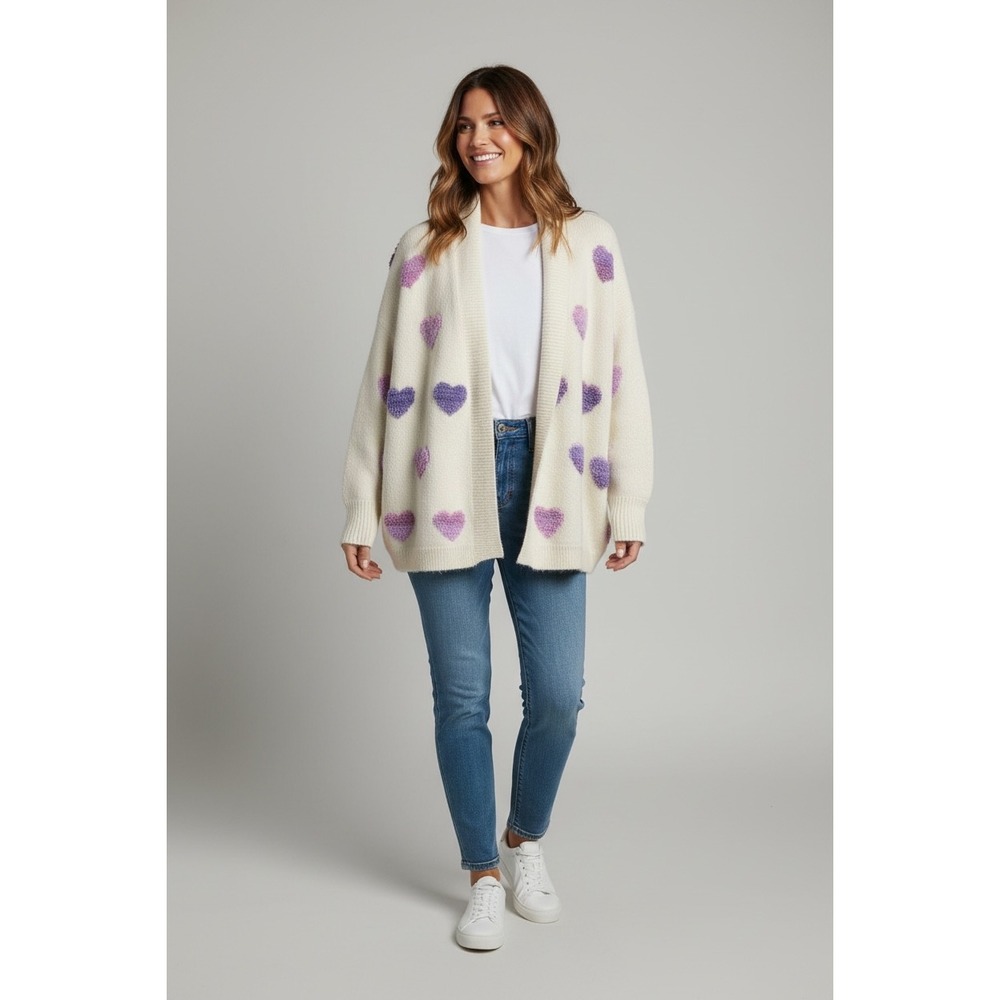 &Merci Cream Purple Ombre Heart Open Front Cardigan Shawl Collar Oversized M